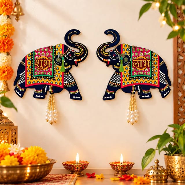 DIVAYANSHI Shubh Labh Elephant Wall Hanging for Diwali