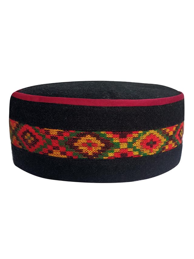 Vastraa Fusion Unisex Black & Orange Embroidered Himachali Kullu Woollen Topi