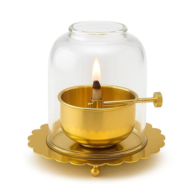 Brass Akhand Diya with Glass Chimney, 7.6 Cm, Adjustable Wick