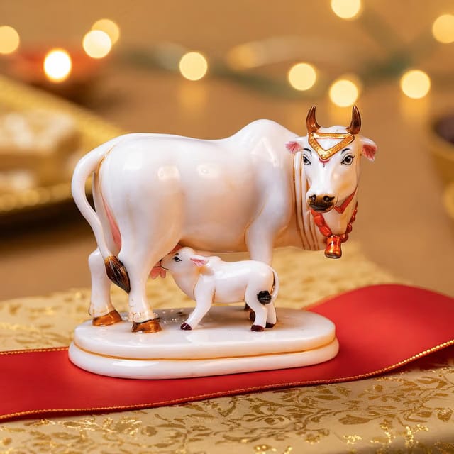 Cow & Calf Statue (Kamdhenu Idol) in Marble Dust – Gold & White 9 cm Decorative Showpiece for Home Décor, Pooja Room