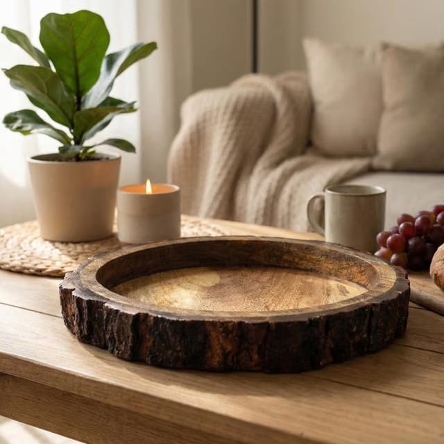 Rustic Wooden Buckle Tray for Serving – 10 inch Round Wood Bark Edge Platter for Snacks, Fruits, Tea & Coffee