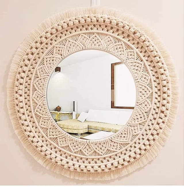 Handmade Cotton Macrame Wall Hanging Glass Mirror with Boho Fringes, Bohemian Art Decorative Aina for Make-Up