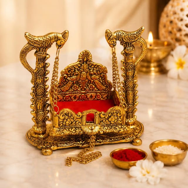 Metal Krishna Laddu Gopal Jhula for Janmashtami, Golden Bal Gopal Swing Singhasan with Red Seat
