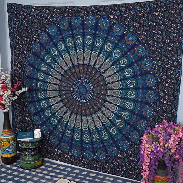 Pure Cotton Peacock Navy Blue Mandala Wall Hanging Tapestry 50x60 Inch Small Size