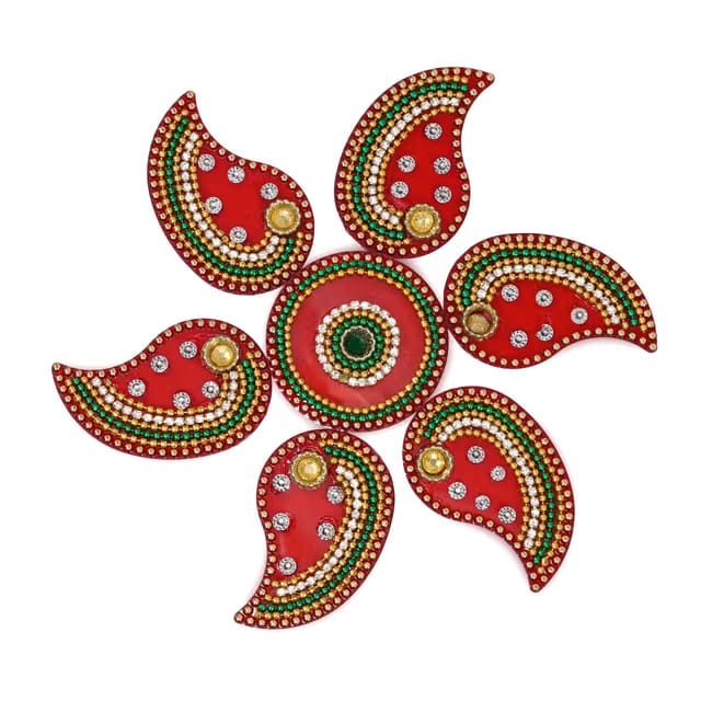 Gifting Glam Acrylic Kairi Rangoli Set of 7 Pieces – Red Multicolor Stone Work Decorative Diwali Décor (Green & Red)