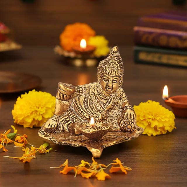 Pure Brass Kuber Idol with Diya for Mandir, Spiritual Worship & Festive Use