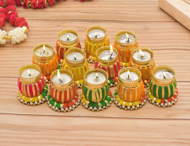 Sanvatsar Designer Damru Tealight Diwali Diya for Home Decoration (Set of 12)