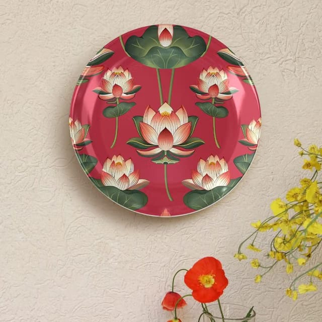 Elegant Red Lotus Blossom Ceramic Decorative Wall Plate|Indian Inspired Floral Art for Home Décor|Wall Arts For Living