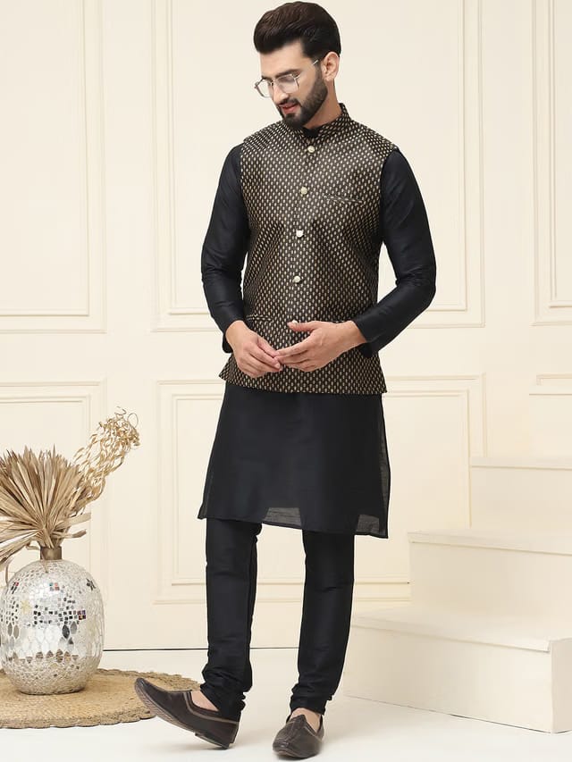 Men Black Solid Kurta with Churidar & Nehru Jacket