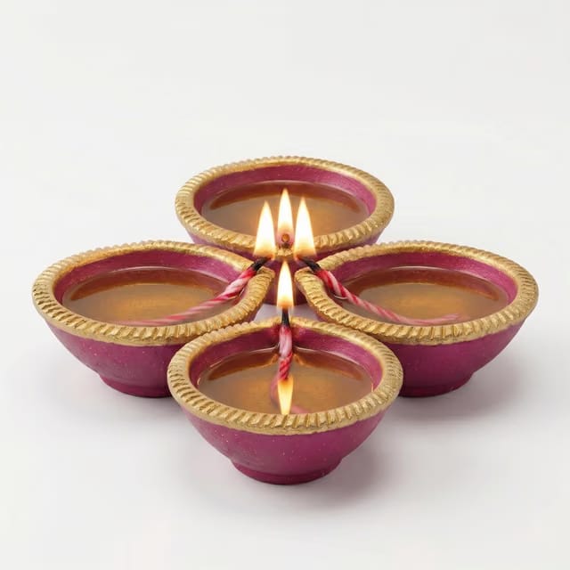 Pure Source India Traditional Handmade Earthen Clay Big Size Diya for Laxmi Poojan, 4 Pieces
