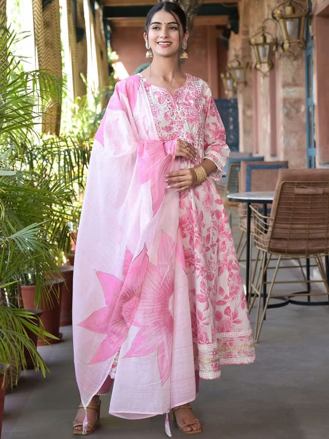 Floral Printed Regular Mirror Work Anarkali Kurta With Trousers & Dupatta