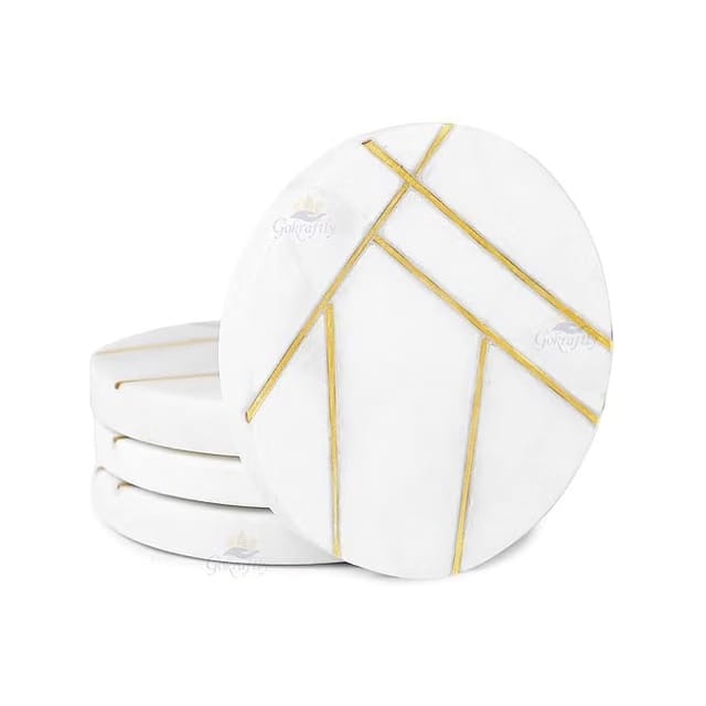 Round Marble Coaster for Dining Table - Round Shape Brass Inlay White Marble Tea Coaster Set of 4