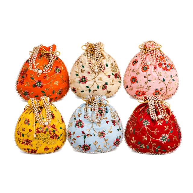 Match Made Embroidery Wedding Return Gift for Women Silk Batwa Bag Bridal Traveling potli Bag with Zipper for Ladies