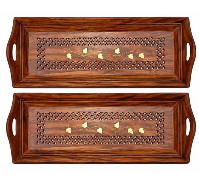 Handicraft Wooden Serving Tray with Hand Carved Design 11 Inch Set of 2