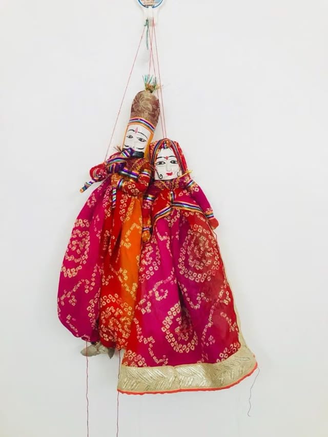 Multicolor Rajasthani Handmade Colorful Fabric Wooden Face String,Kathputli/Puppet Pair for Home Décor