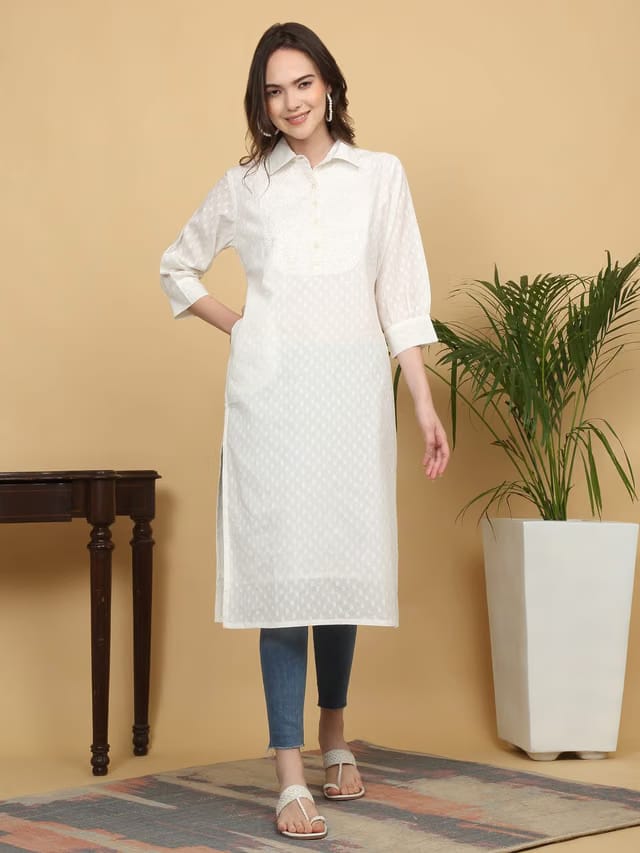 HERE&NOW Floral Embroidered Chikankari Cotton Kurta