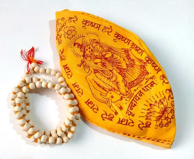 Natural Tulsi Beads Mala with Gomukh Bag (Standard Size, Off-White)