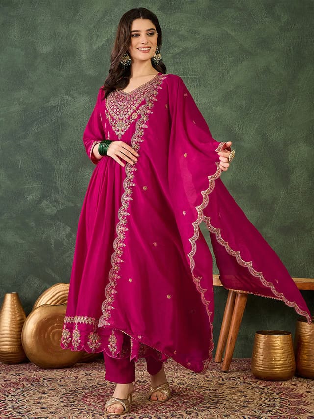 Floral Yoke Design V-Neck Zari Anarkali Kurta With Trousers And Dupatta