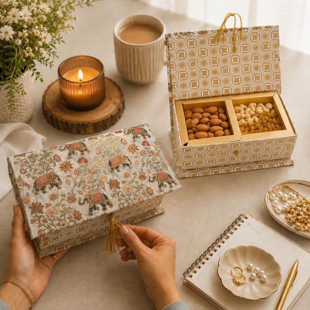 Pure Source India Printed Decorative Storage Box with 2 Compartments