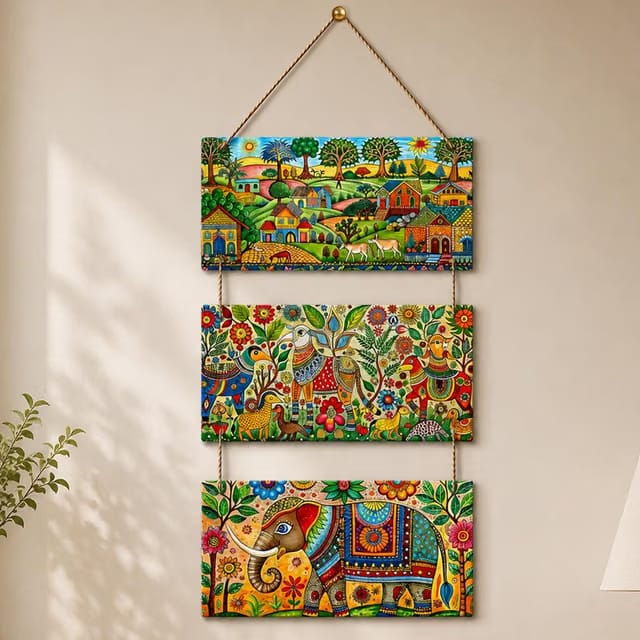 Artvibes Madhubani Village Life Decorative MDF Wooden Wall Art for Home