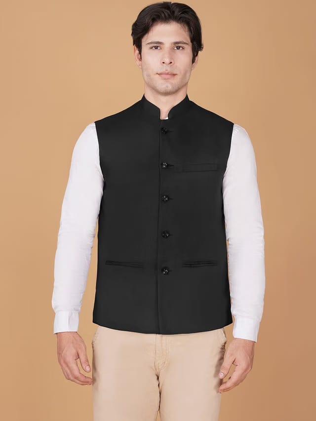 Vastraa Fusion Cotton Mandarin Collar Neck Woven Nehru Jacket