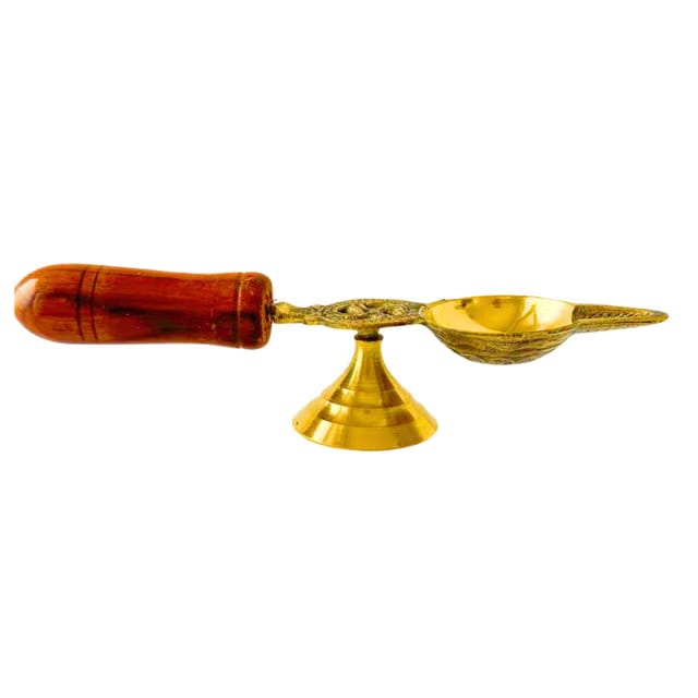100% Pure Brass Spoon Aarti Diya with Wooden Handle
