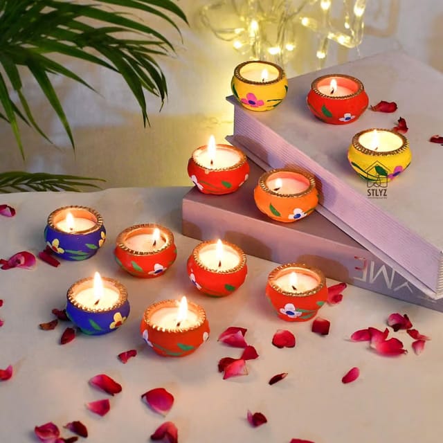 Wax Diya for Diwali Decoration, Colourful Handmade Hand Painted Mitti Diya with Wax Filled