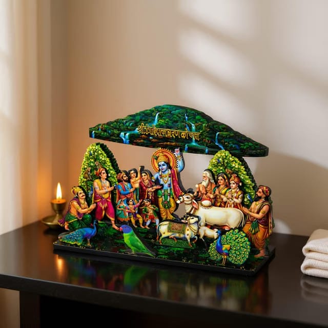 Shri Krishna Govardhan Leela 3D Wall Decor Panel, Multicolor, MDF, Traditional Indian Religious Style