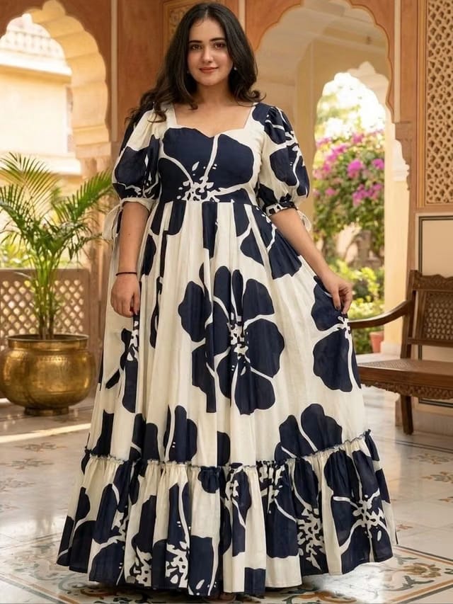HERE&NOW Printed Pure Cotton Square Neck Gown Ethnic Dresses