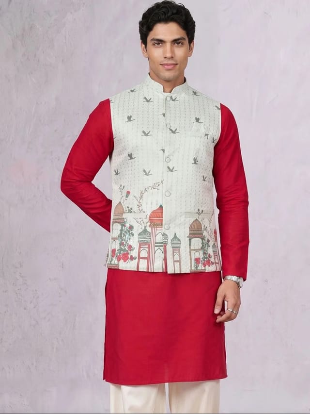 Men Regular Mandarin Collar Kurta & Pyjamas With Nehru Jacket Set