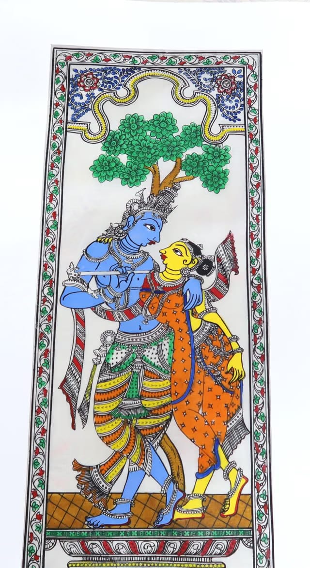 Handmade Pattachitra Painting of Radha Krishna – Traditional Indian Art on Tussar Silk (Unframed