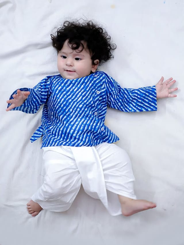 BownBee Boys Leheriya Printed Round Neck Pure Cotton Straight Kurta With Dhoti Pants