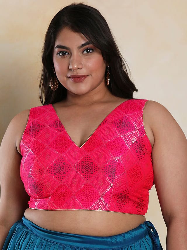 V- Neck Woven-Designed Brocade Readymade Saree Blouse With Tie-Ups
