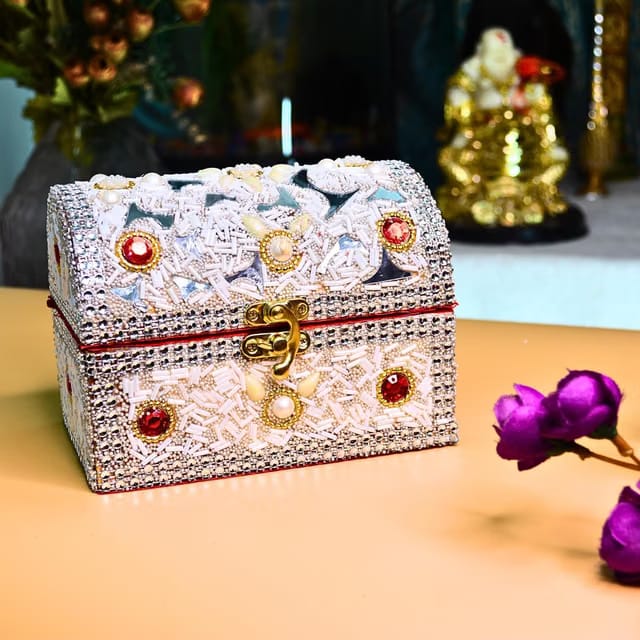 Wooden Handmade Beaded Jewelry Box with Mirror Work and Lock for Women Small Storage Vanity Box Shringar Jewellery