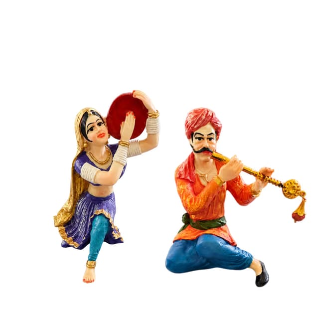 Resin Rajasthani Musician Couple Showpiece for Home Decor Living Room, Traditional Folk Art Decorative Figurine Set