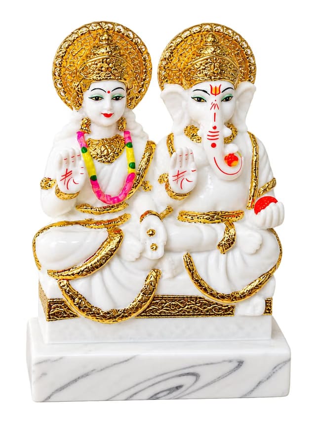 Premium White Marble Finish Lakshmi Ganesha Idol Set for Home Temple - Hand-Painted Laxmi Ganesh Murti for Diwali Puja