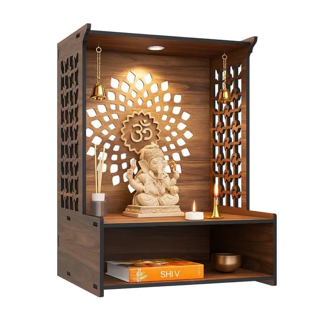 Nivasam Engineered Wood Hand Crafted OM Pattern Pooja Mandir for Home & Office, Wall Mounted Wooden Temple