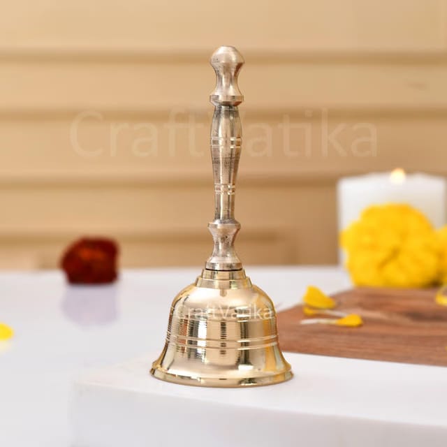 Craftvatika Brass Hand Bell for Pooja Ghanti for Mandir, Home and Office Temple Prayer Bell Ghanti for Decoration