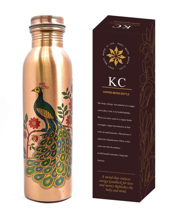 KC Pure Copper Peacock Designer Water Bottle with Advanced Leak Proof Protection, Ayurveda and Yoga Health Benefits.