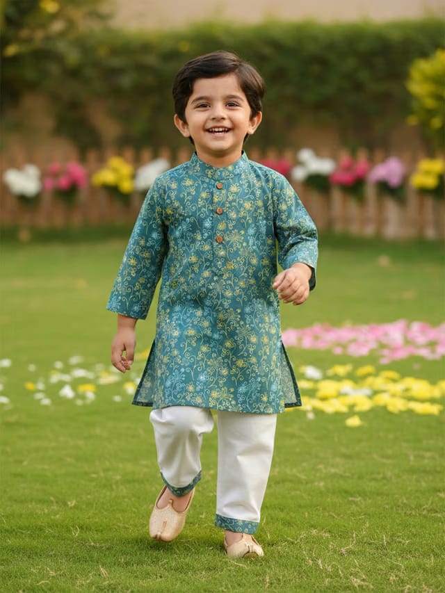 Boys Teal Floral Printed Pure Cotton Kurta with Pyjamas