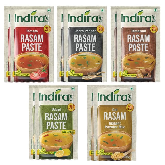 Indira's Instant Rasam Combo Pack of 10 Just Add Hot Water - 5 Tasty Rasam (Pepper+Udupi+Dal+Tamarind+Tomato) Flavours.