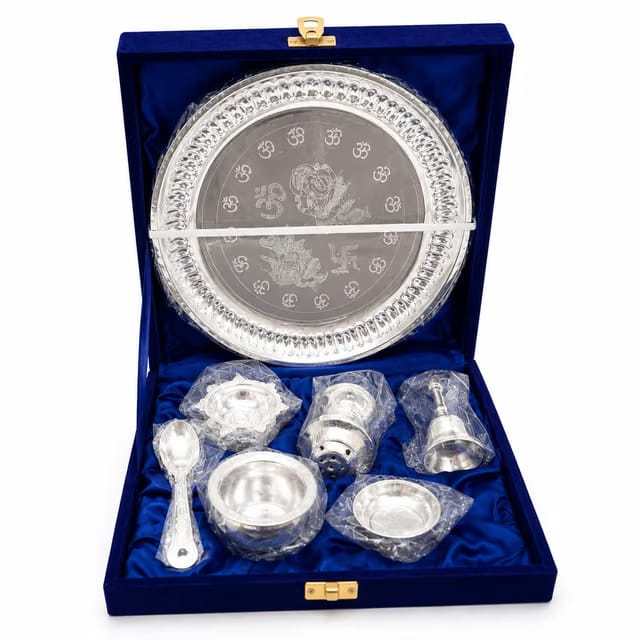 Pooja Thali Set Silver Plated with Blue Gift Box Designed 8 Inch Puja Plate Kalash Bowl Ghanti Spoon Dhup Dan Diya for