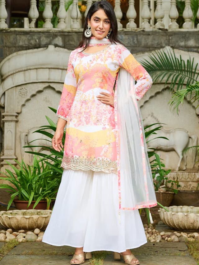 Sangria Women Floral Printed Regular Sequinned Kurta with Sharara & With Dupatta