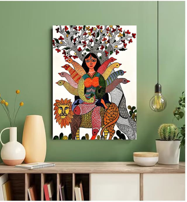 Maa Durga Unframed Canvas Painting Gond Art Painting Traditional Art Religious Art Wall Art Painting for Living Room