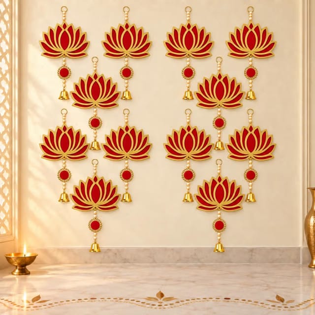 Panchhi Store Pack of 12 Diwali Decoration for Home, Lotus Flower Hanging with Golden Bells