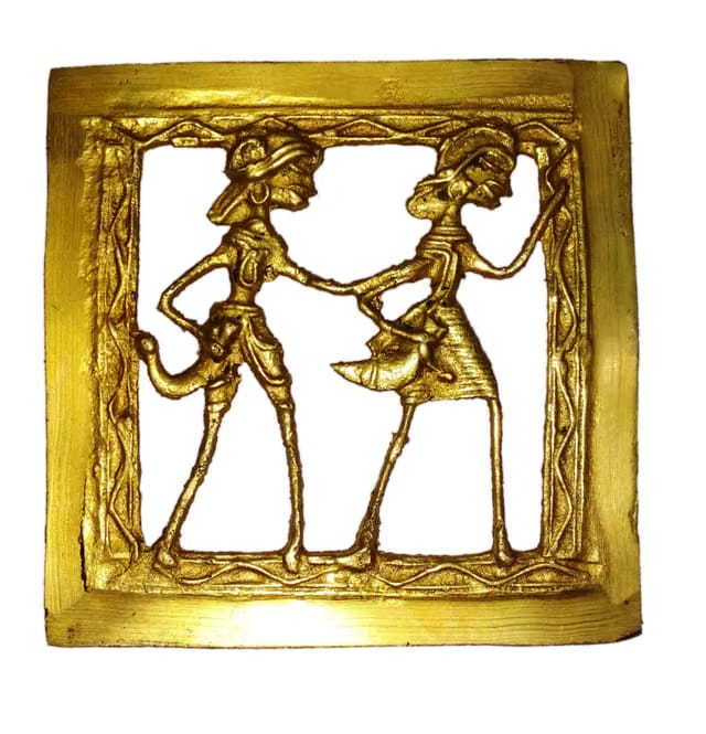 Purpledip Brass Wall Hanging Plaque 'Life Partners': Dokra Craft Tribal Artform Square Plate Statue, 4 inches (11435)