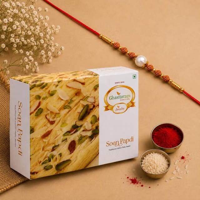 Ghasitaram Gifts for Brothers Sweets Box - Soan Papdi with Rakhi