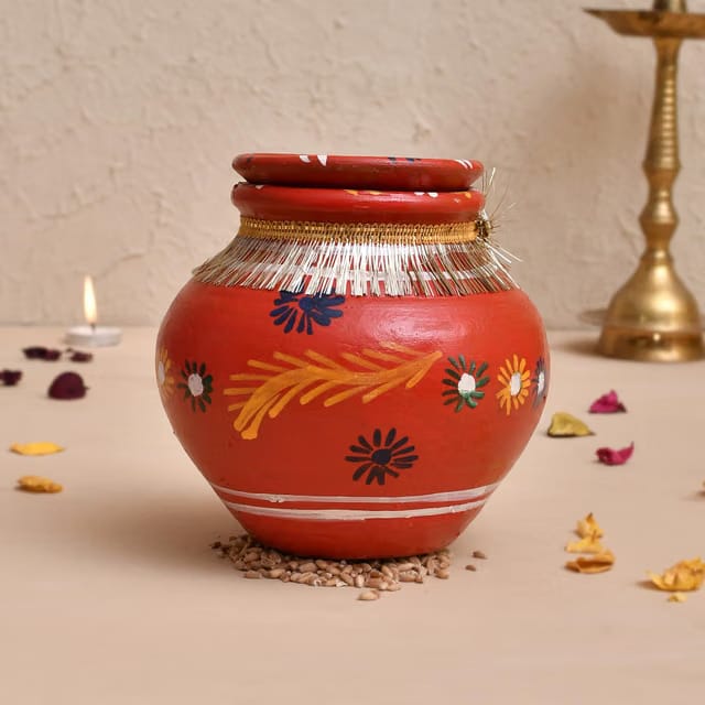 B S NATURAL MITTI Kalash Colourful Painted Matki for karwa chouth Diwali Pooja (Pack of 1 Kalash with dhakkan)