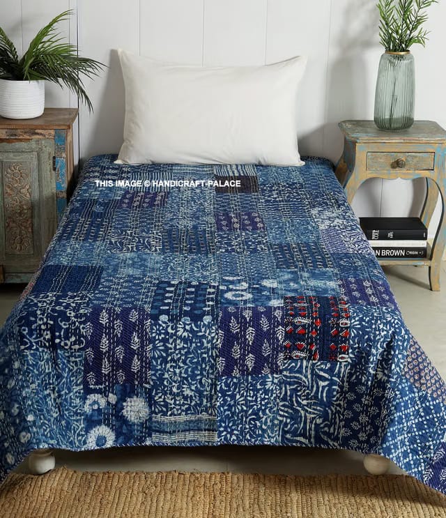 Ravaiyaa - Attitude is everything Handmade Patchwork Kantha Quilt Traditional Block Print Twin Size Bedspread Cotton