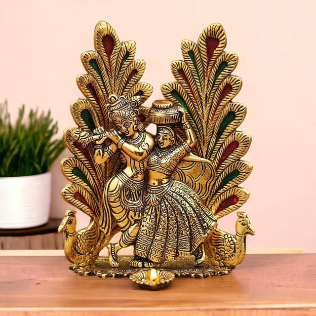 ascension Metal Radha Krishna Idol with Peacock Design Diya - Elegant Gold Showpiece Statue for Home Decor, Puja Room
